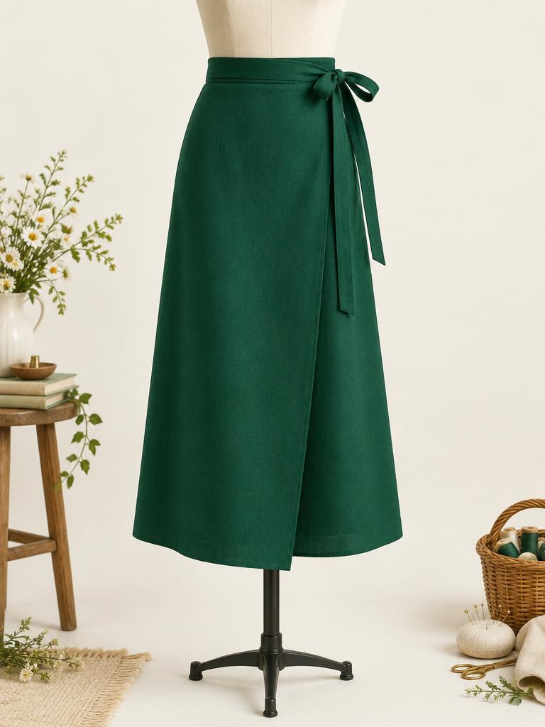 A straight-panel wrap skirt with long bow ties.